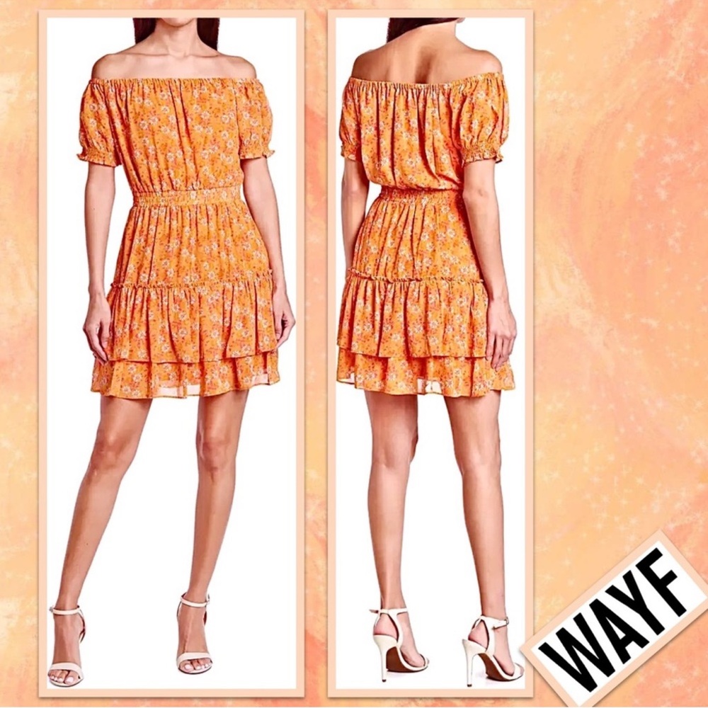 Wayf Orange Floral Off-Shoulder Tiered Mini Dress Size M